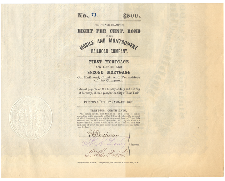 Mobile and Montgomery Railroad Company Bond Certificate