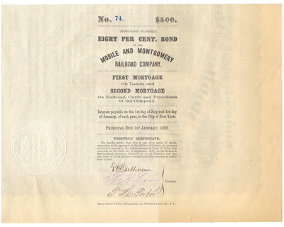 Mobile and Montgomery Railroad Company Bond Certificate