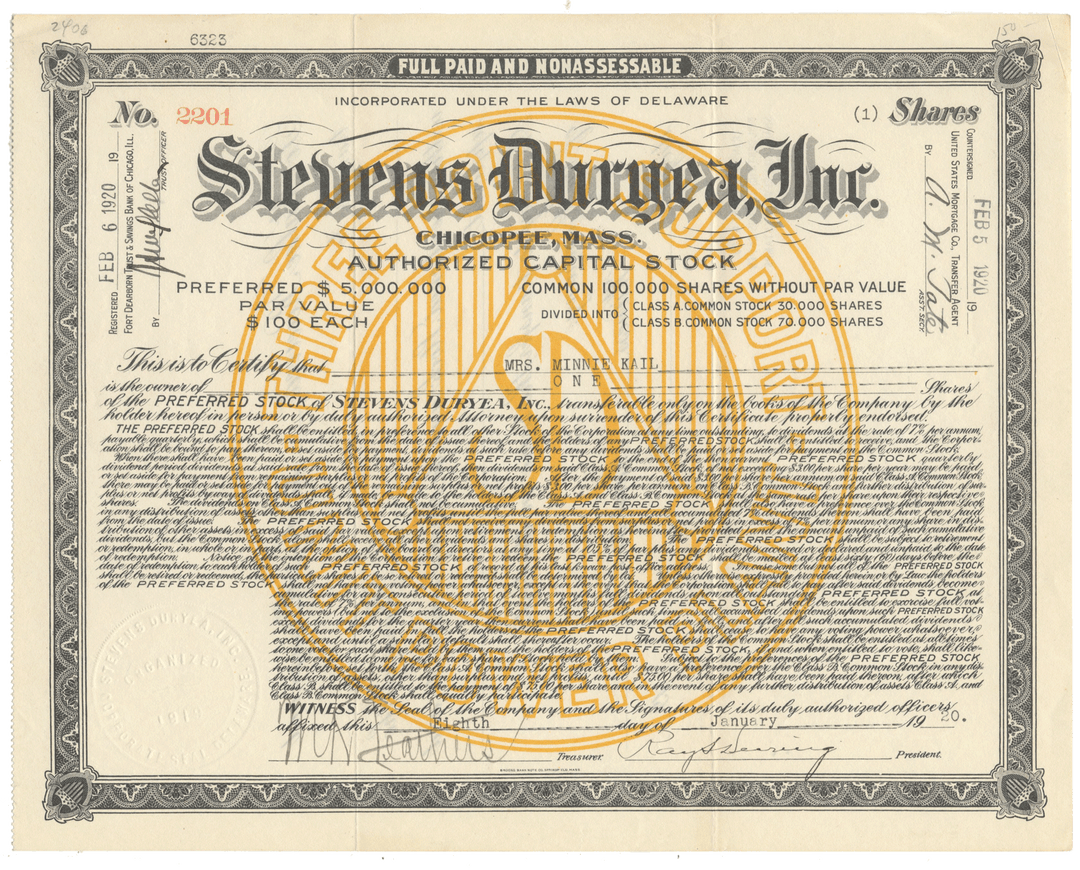 Stevens Duryea Inc. stock certificate from 1920