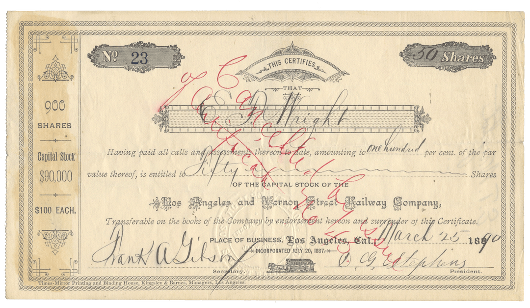Vintage stock certificate from the Los Angeles and Vernon Street Railway Company dating back to 1890