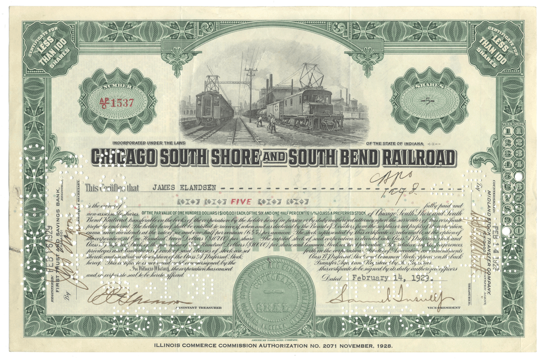 Chicago South Shore and South Bend Railroad Stock Certificate Signed by Samuel Insull, Jr.