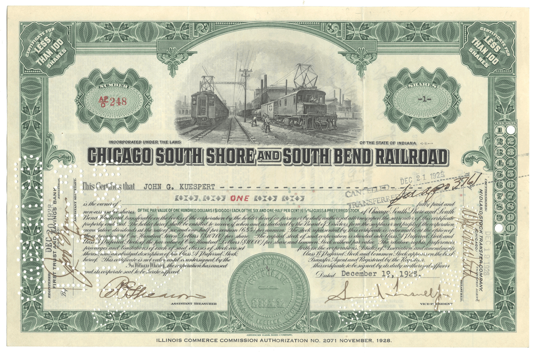 Chicago South Shore and South Bend Railroad Stock Certificate Signed by Samuel Insull, Jr.
