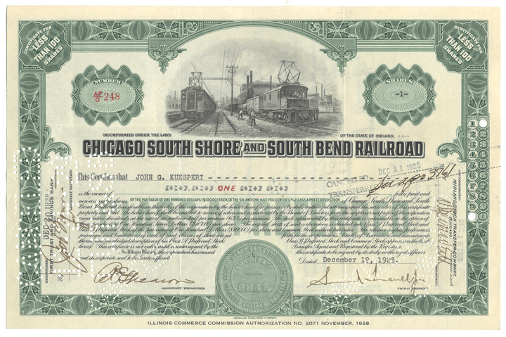 Chicago South Shore and South Bend Railroad Stock Certificate Signed by Samuel Insull, Jr.