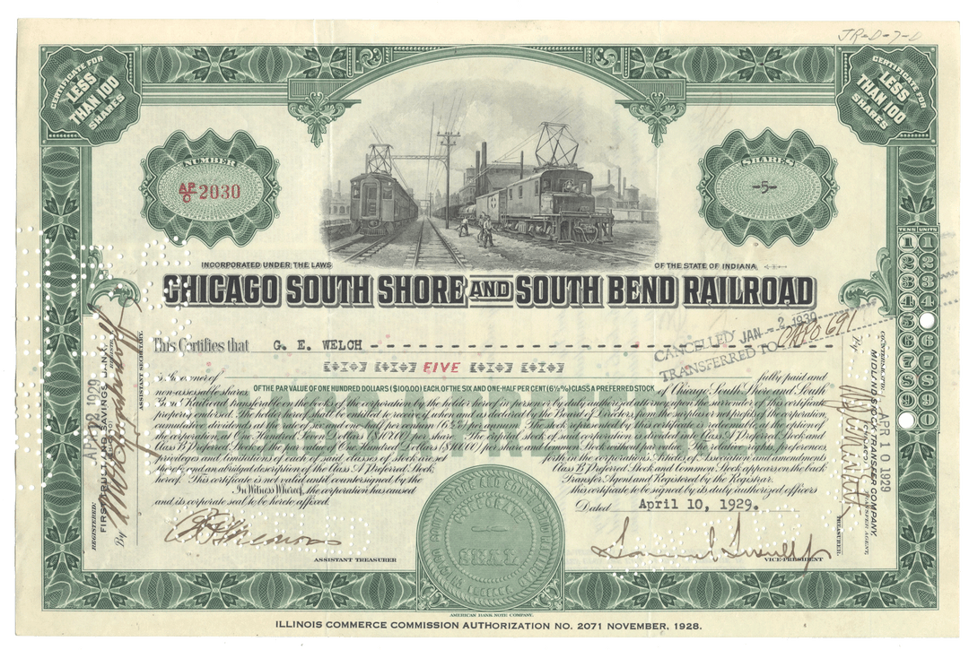 Historical stock certificate of the Chicago South Shore and South Bend Railroad from 1929