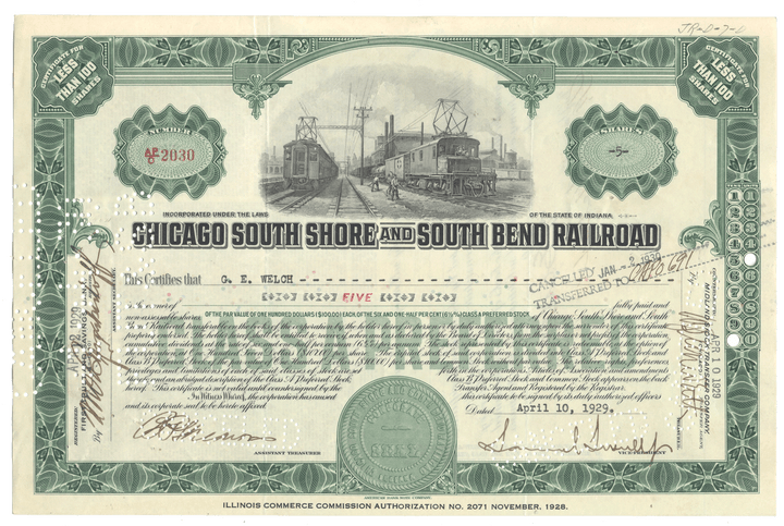 Historical stock certificate of the Chicago South Shore and South Bend Railroad from 1929