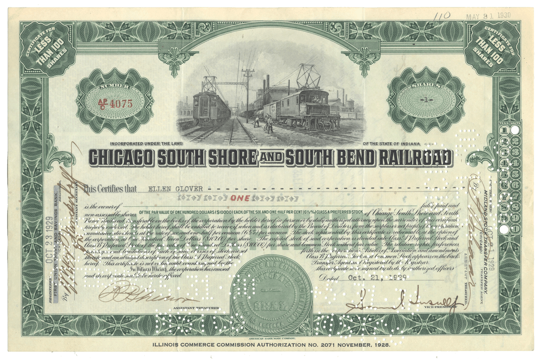 Chicago South Shore and South Bend Railroad stock certificate Signed by Samuel Insull, Jr. dated 1929