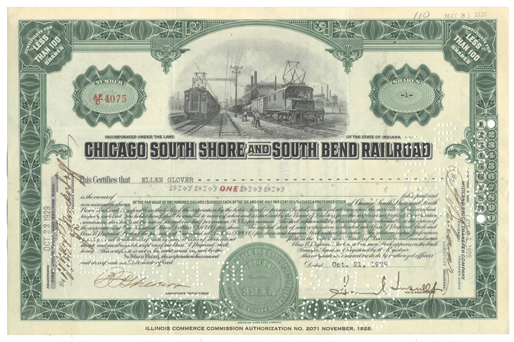 Chicago South Shore and South Bend Railroad stock certificate Signed by Samuel Insull, Jr. dated 1929