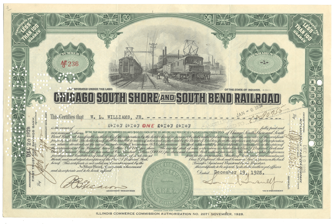 Chicago South Shore and South Bend Railroad Stock Certificate Signed by Samuel Insull, Jr.
