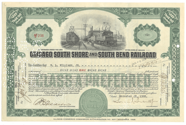 Chicago South Shore and South Bend Railroad Stock Certificate Signed by Samuel Insull, Jr.