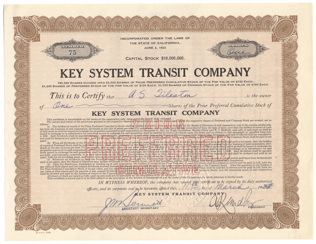 Key System Transit Company Stock Certificate