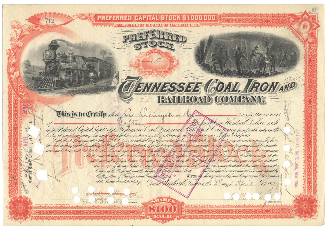 Tennessee Coal, Iron and Railroad Company Stock Certificate