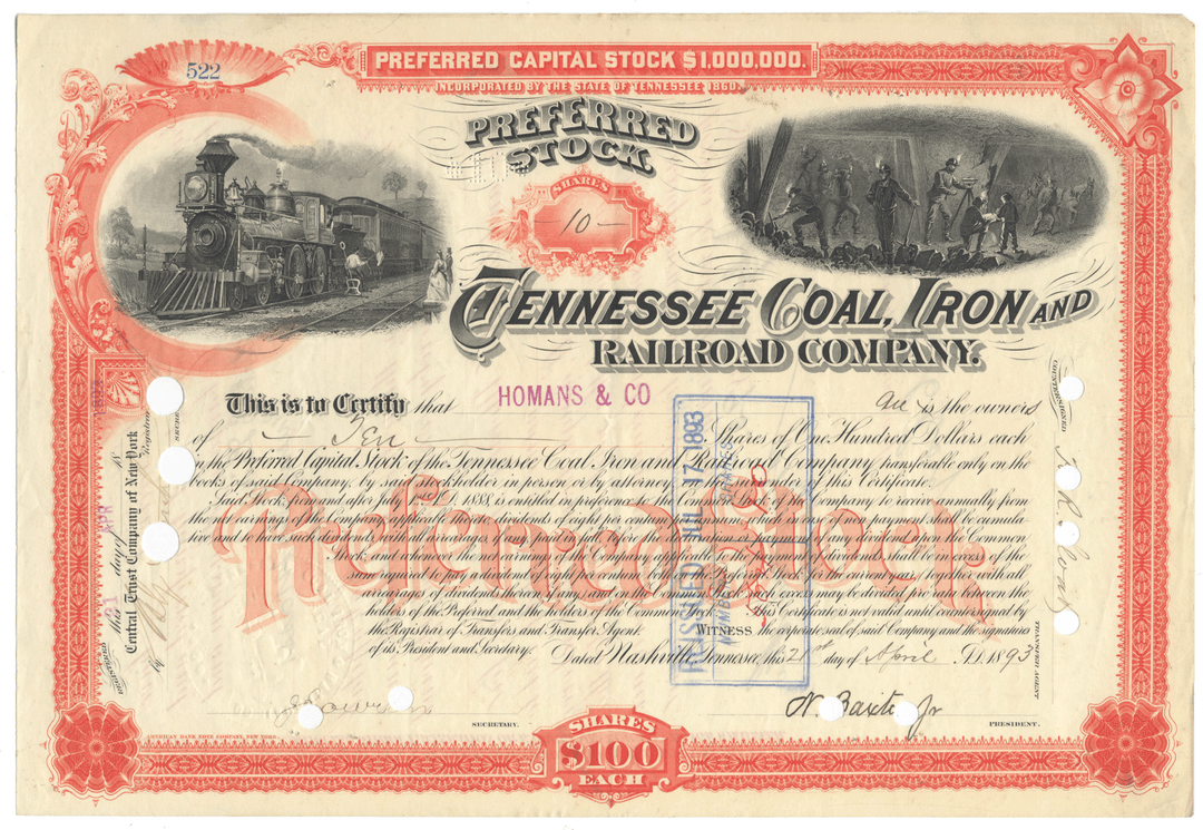 Vintage stock certificate for Tennessee Coal, Iron and Railroad Company.