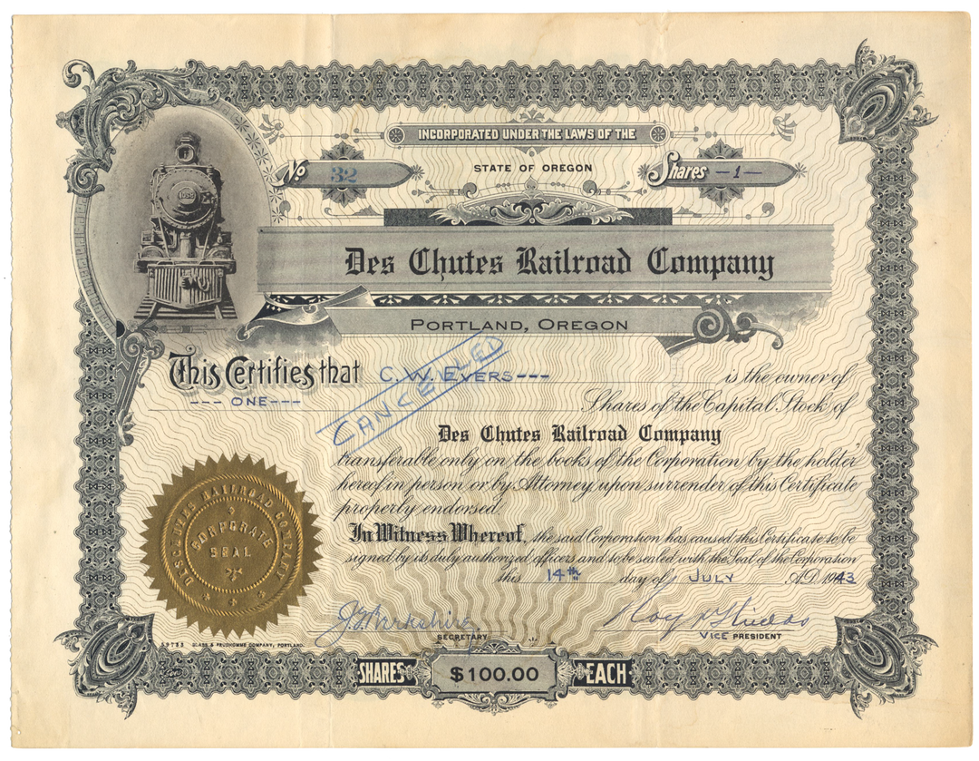 Des Chutes Railroad Company Stock Certificate