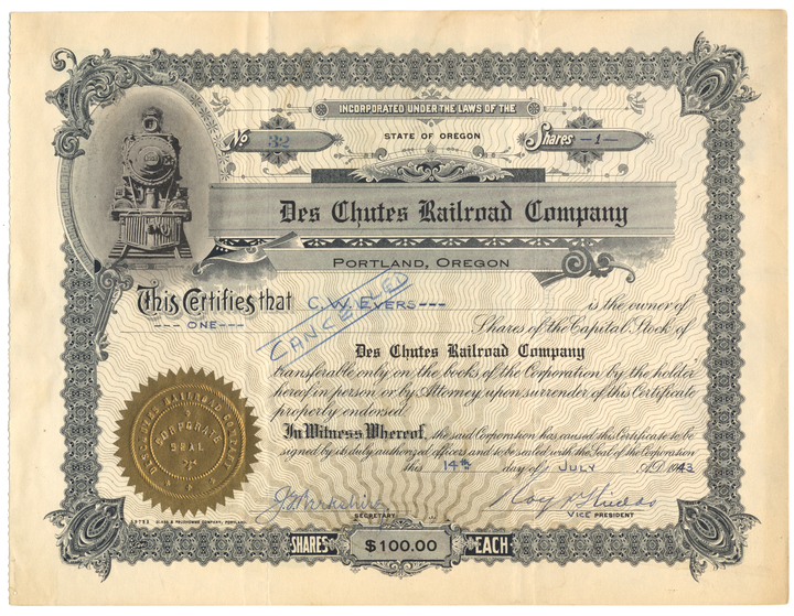 Des Chutes Railroad Company Stock Certificate