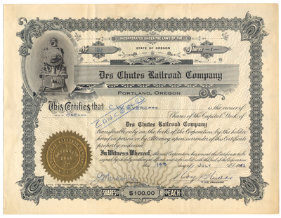 Des Chutes Railroad Company Stock Certificate