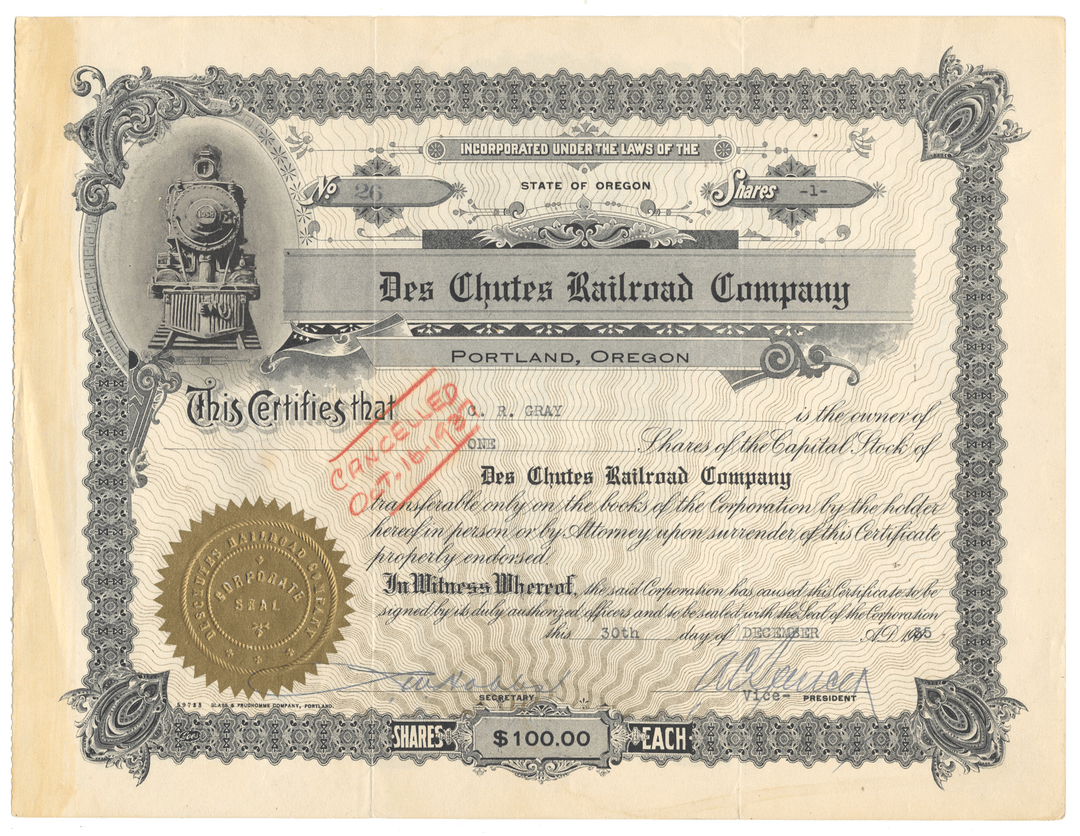 Des Chutes Railroad Company stock certificate from 1935