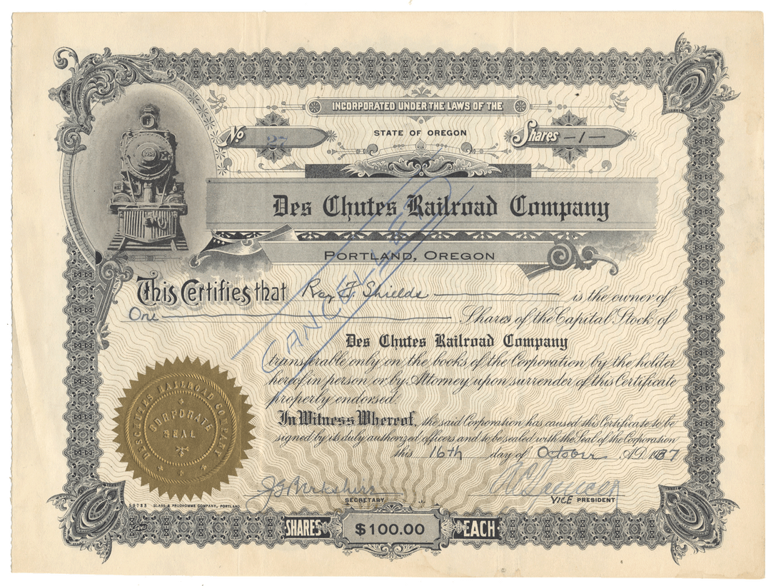 Vintage Des Chutes Railroad Company stock certificate from 1937