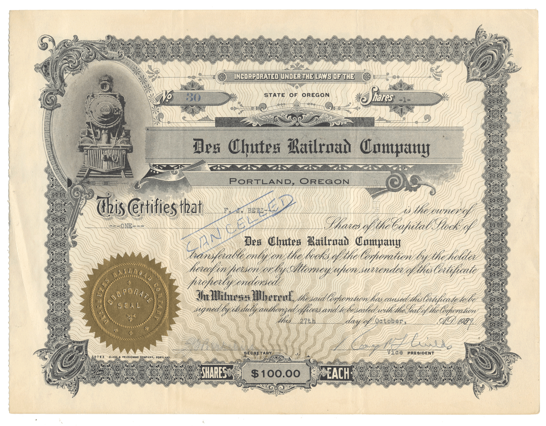 Des Chutes Railroad Company stock certificate from Portland, Oregon dated 1939