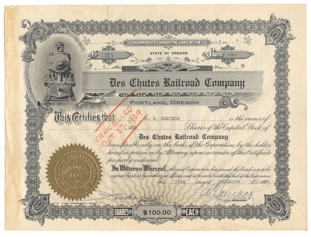 Des Chutes Railroad Company stock certificate from Portland, Oregon dated 1935