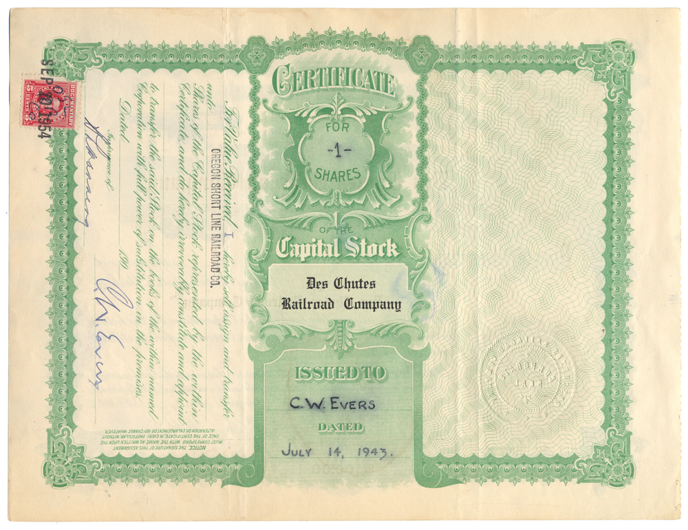 Des Chutes Railroad Company Stock Certificate