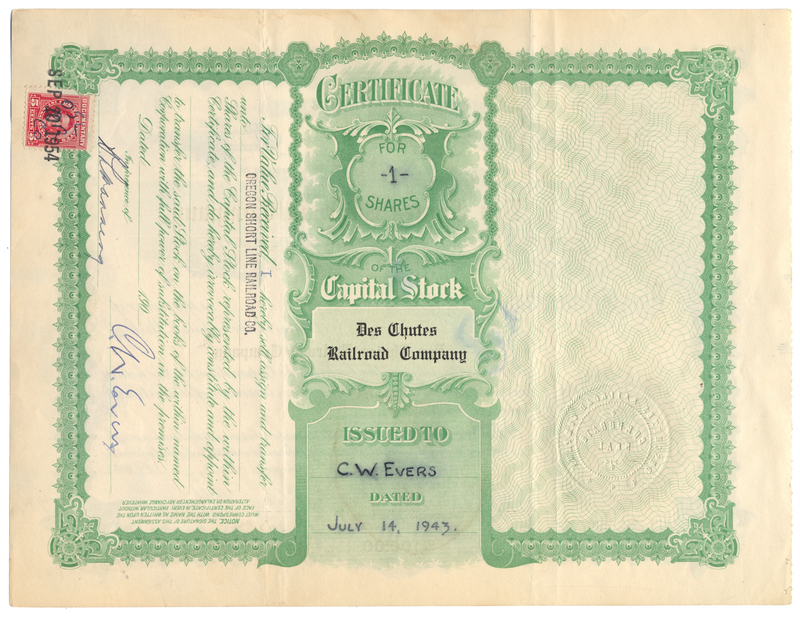 Des Chutes Railroad Company Stock Certificate