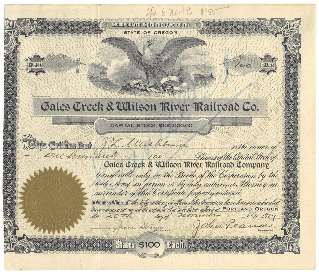 Gales Creek & Wilson River Railroad Co. stock certificate with decorative border and eagle emblem.
