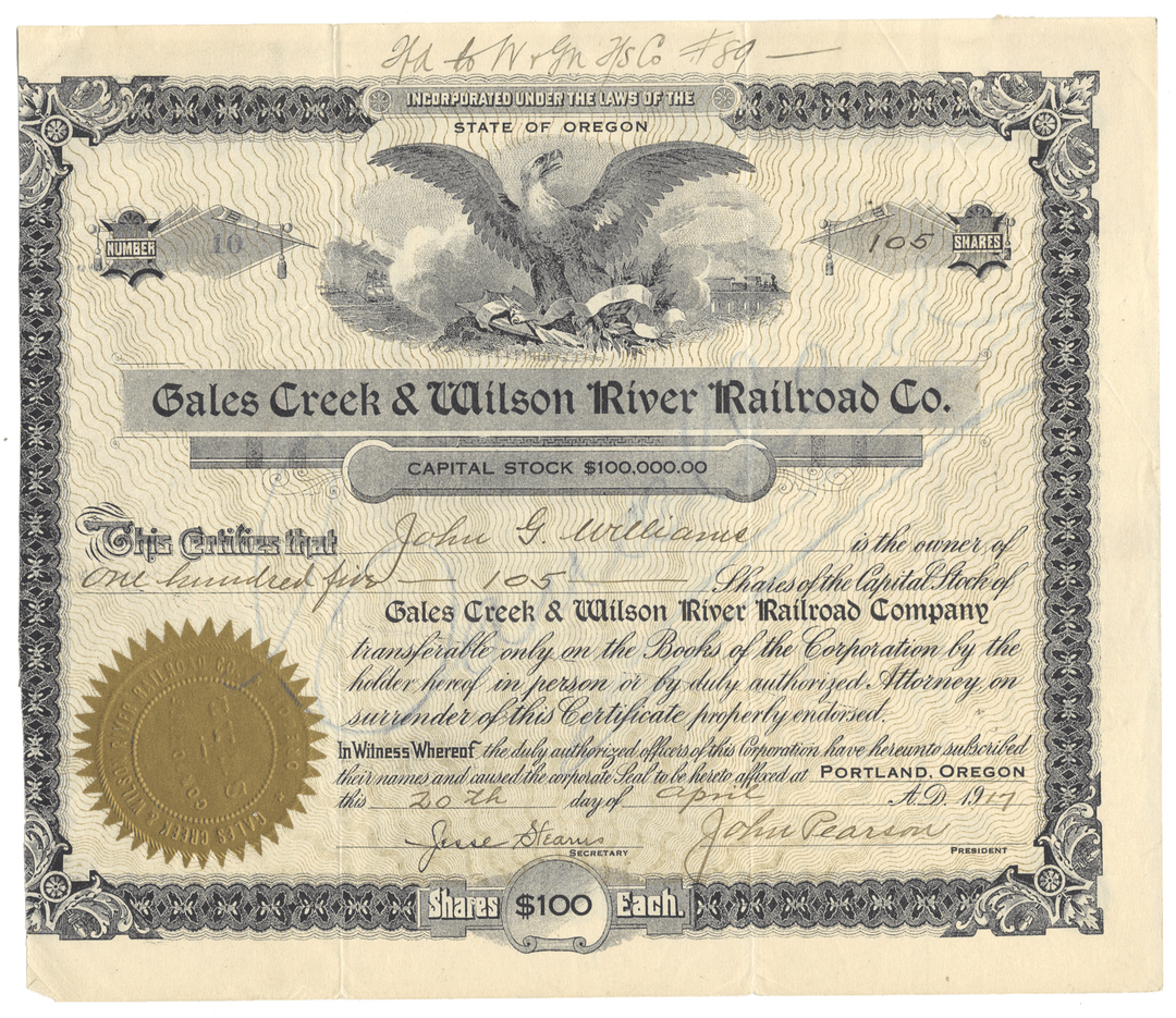 Gales Creek & Wilson River Railroad Co. stock certificate from 1917