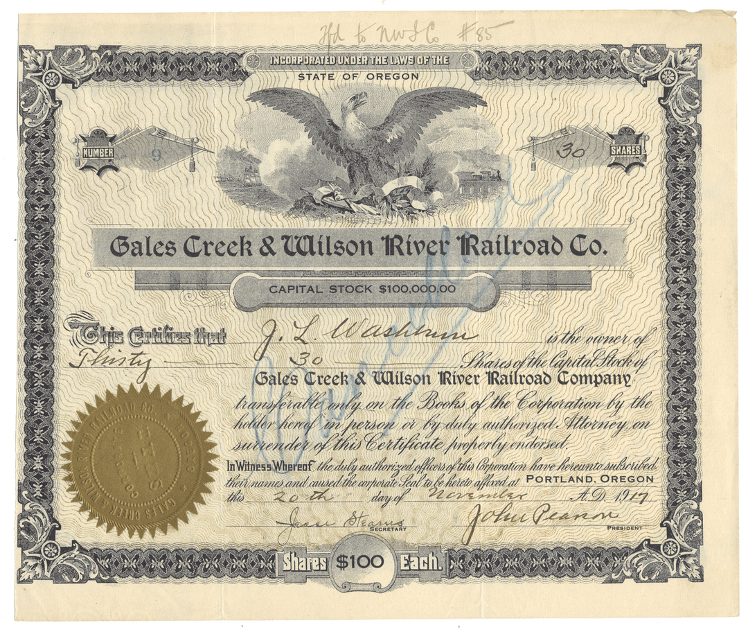 Gales Creek & Wilson River Railroad Co. stock certificate with decorative border and eagle emblem from 1917