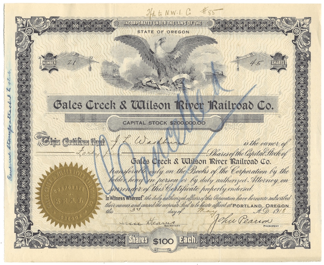 Gales Creek & Wilson River Railroad Co. stock certificate with decorative border and eagle emblem.