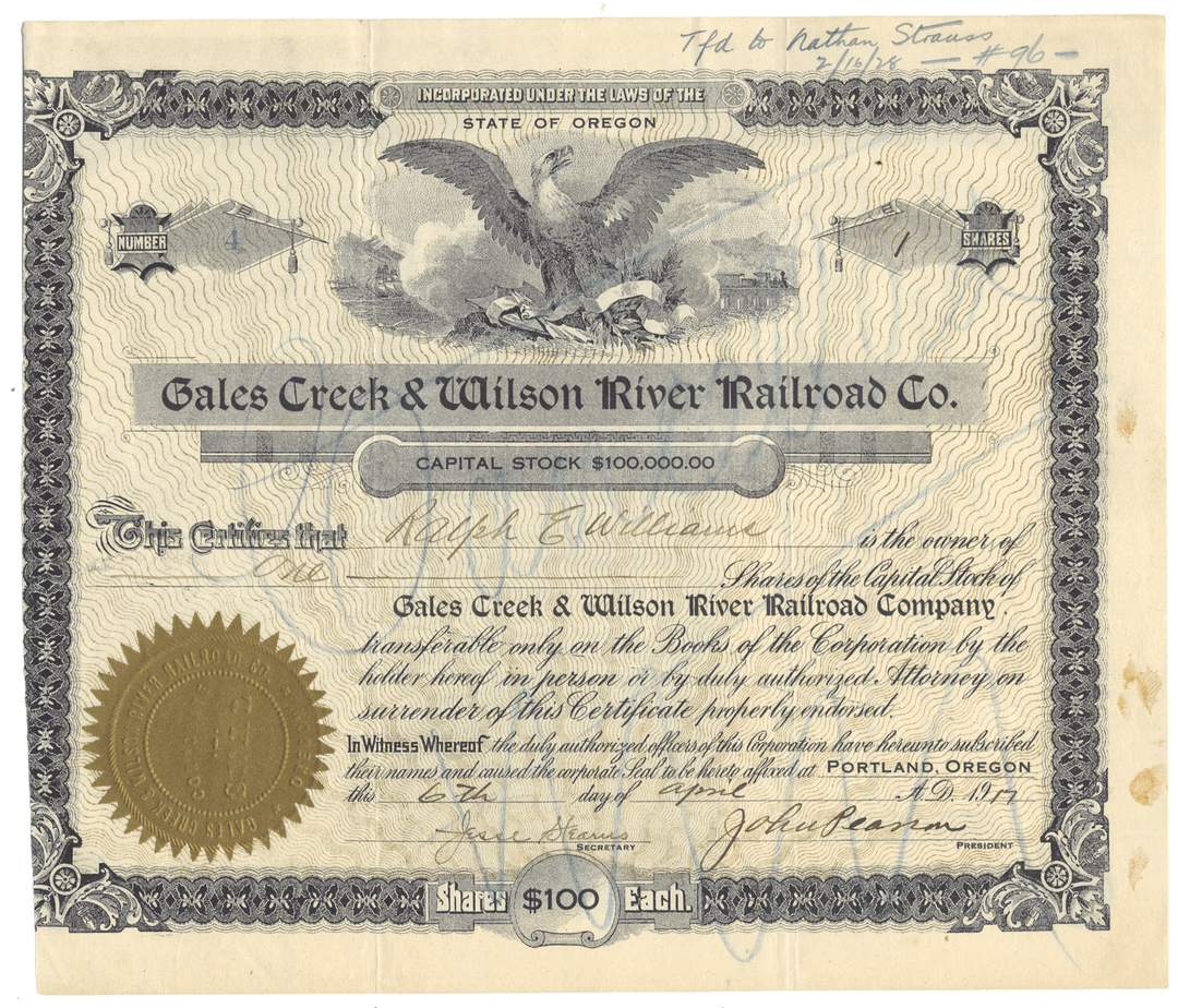 Gales Creek &amp; Wilson River Railroad Company stock certificate from 1917