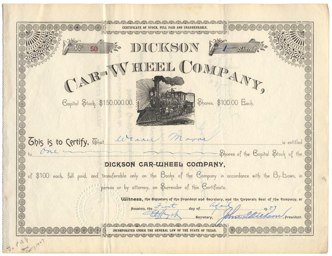 Dickson Car-Wheel Company Stock Certificate