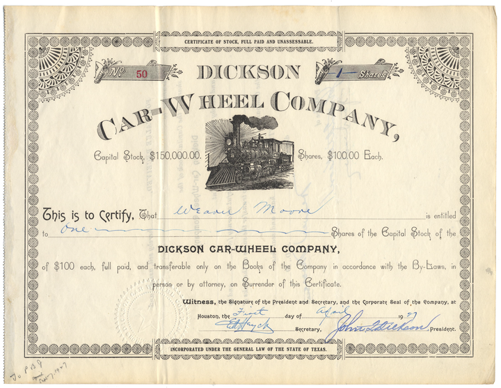 Dickson Car-Wheel Company Stock Certificate