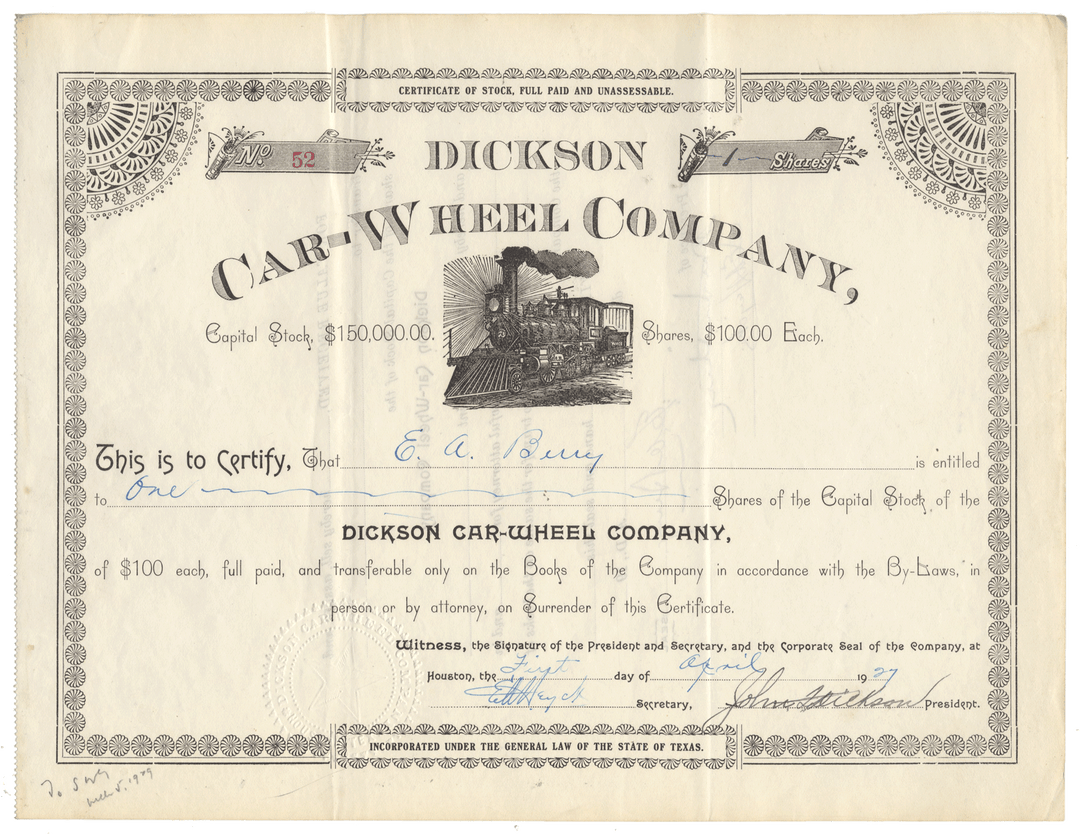 Dickson Car-Wheel Company stock certificate with steam locomotive illustration from 1927