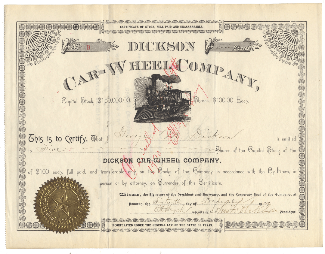 Antique Dickson Car-Wheel Company stock certificate dating back to 1909
