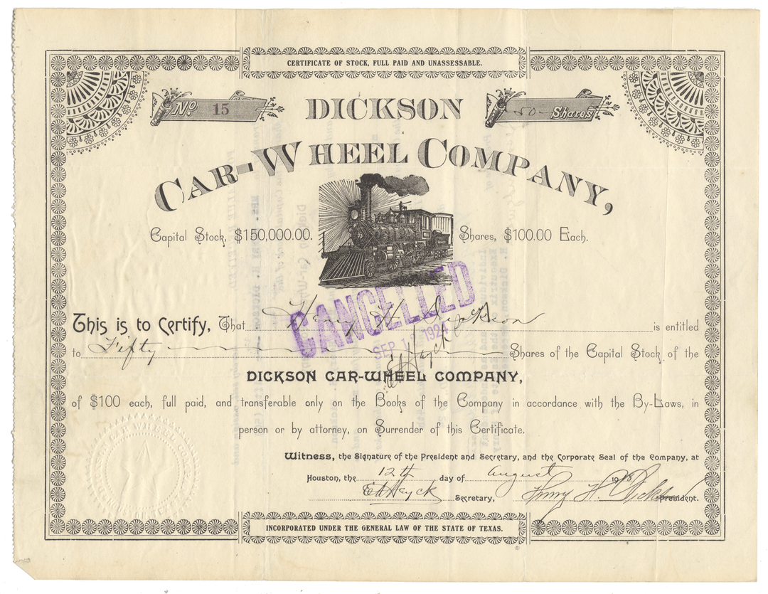 Vintage Dickson Car-Wheel Company stock certificate from 1918  with a steam locomotive vignette