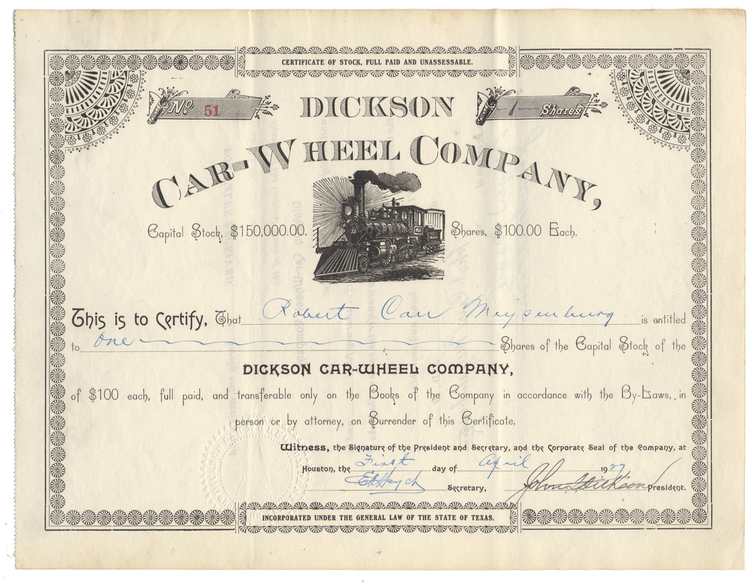 Dickson Car-Wheel Company stock certificate with steam locomotive illustration from 1927