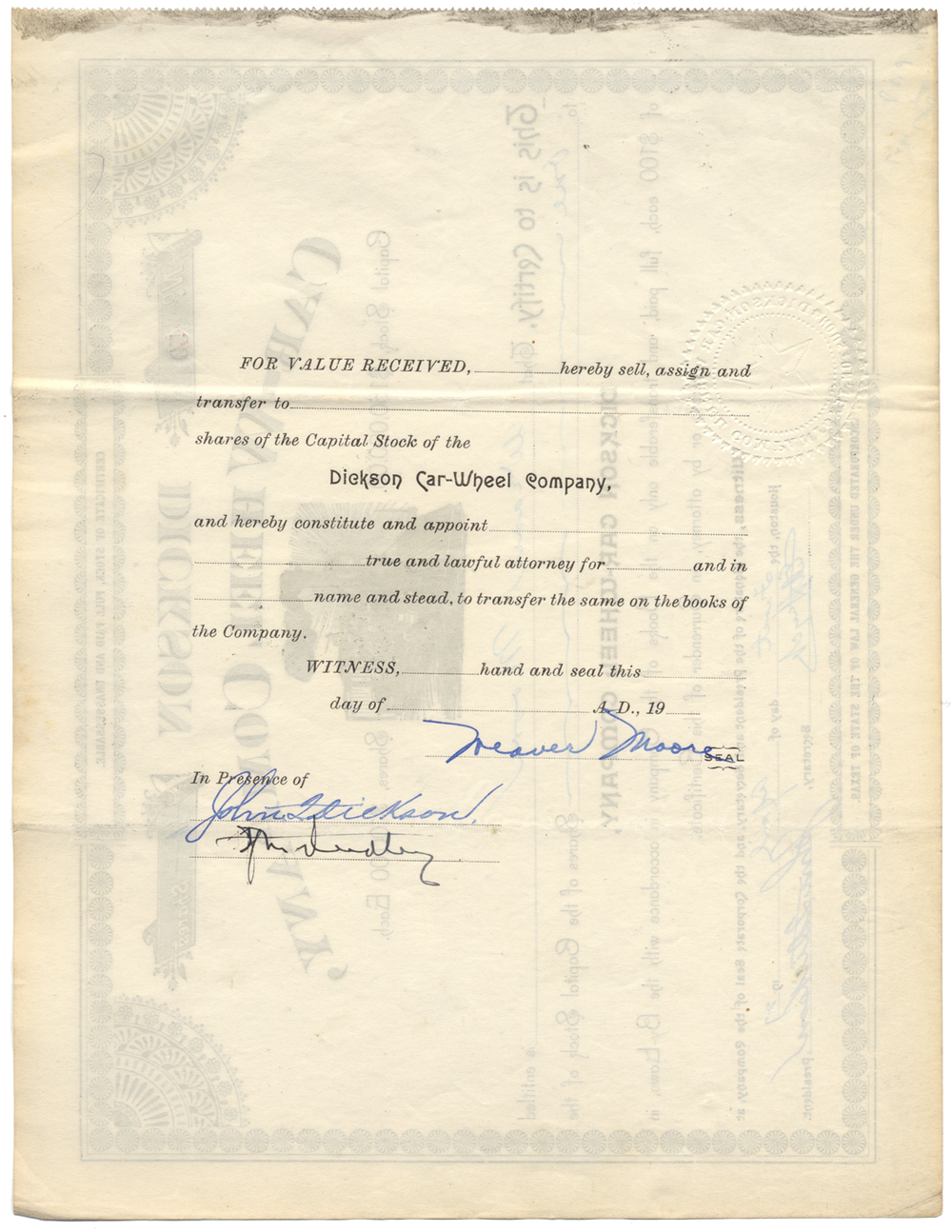 Dickson Car-Wheel Company Stock Certificate