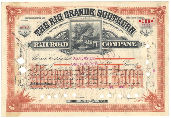 Rio Grande Southern Railroad Company Stock Certificate