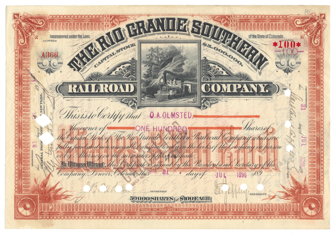 Vintage stock certificate of The Rio Grande Southern Railroad Company with decorative elements.