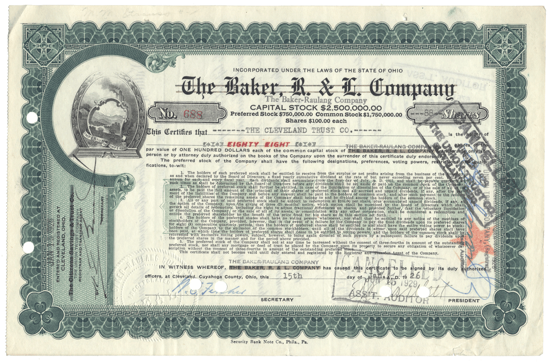 Vintage stock certificate from The Baker, R. & L. Company with decorative elements.