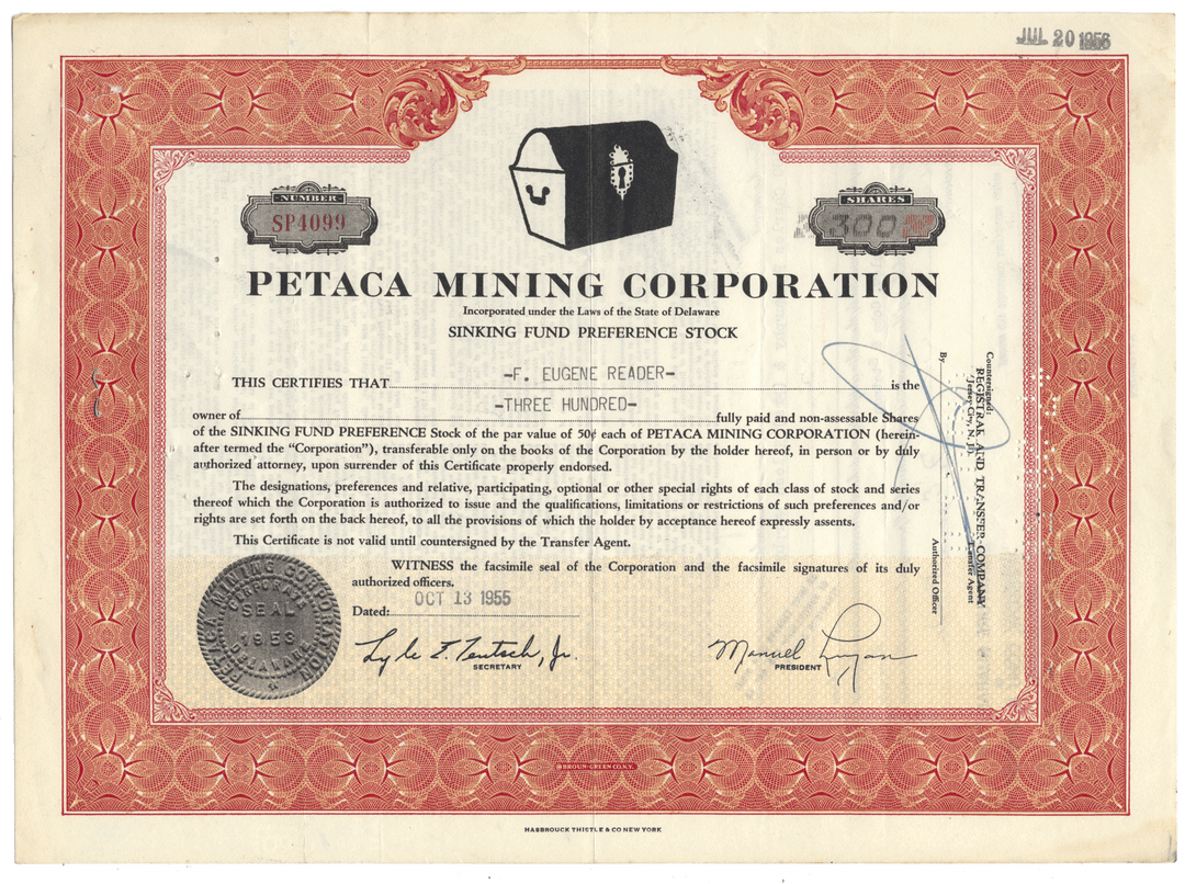 Petaca Mining Corporation Stock Certificaate