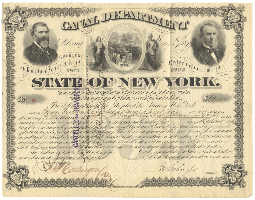 Historical document from the Canal Department of the State of New York with portraits and text.
