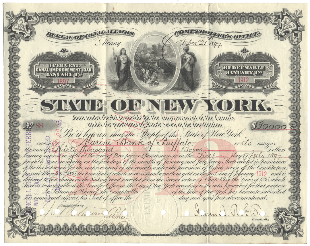 State of New York Bureau of Canal Affairs Bond Certificate