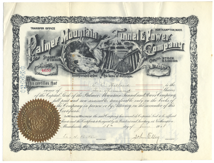 Palmer Mountain Tunnel & Power Company Stock Certificate