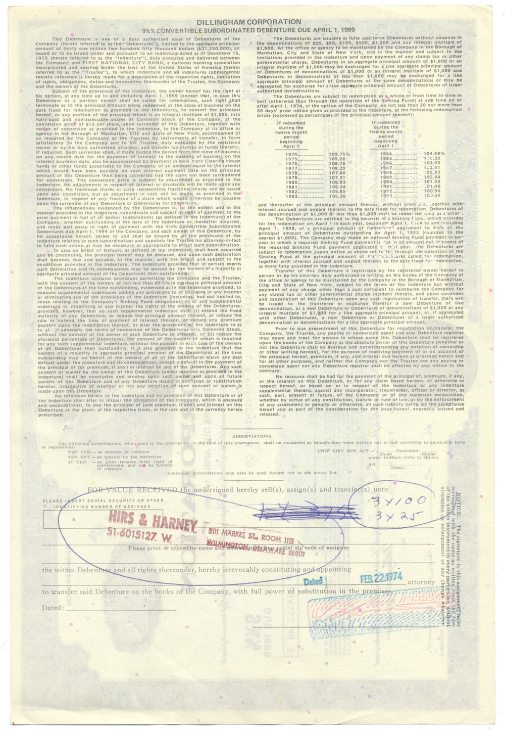 Dillingham Corporation Bond Certificate