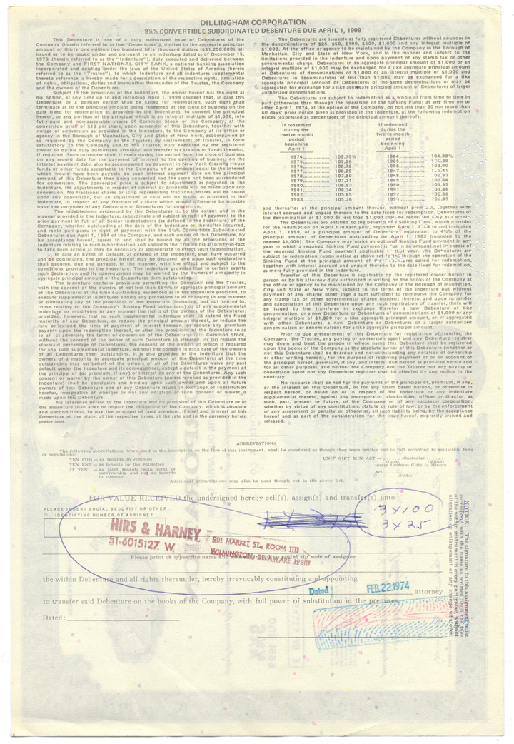 Dillingham Corporation Bond Certificate