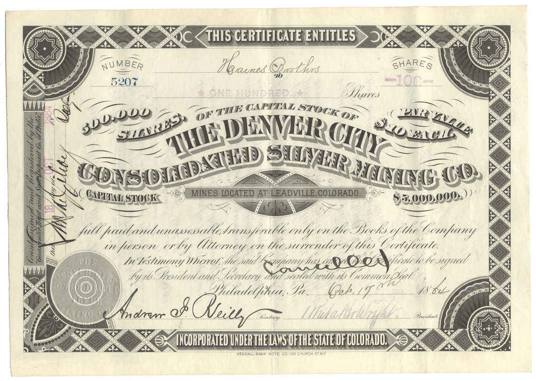 Denver City Consolidated Silver Mining Co. Stock Certificate Signed by Whitaker Wright