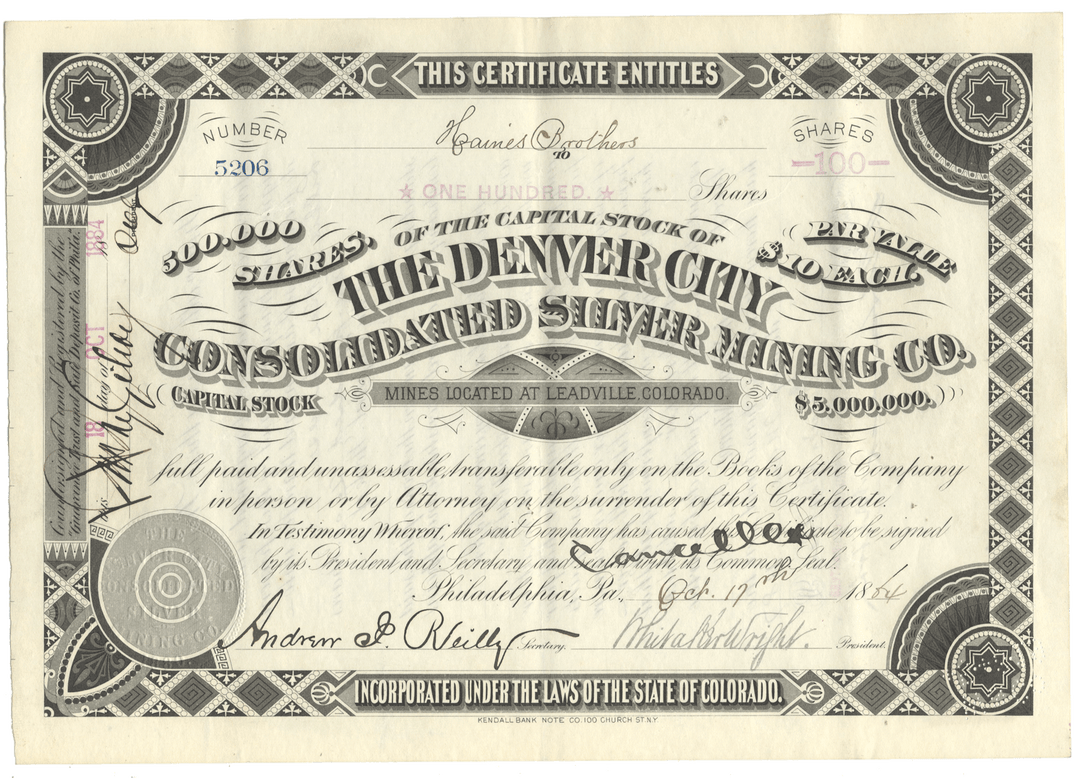 Denver City Consolidated Silver Mining Co.  dtock certificate from 1884 Signed by Whitaker Wright