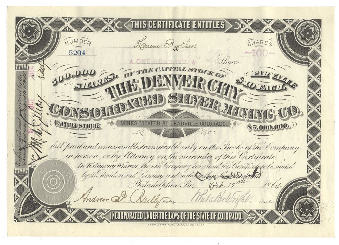 Denver City Consolidated Silver Mining Co. stock certificate Signed by Whitaker Wright dated 1884