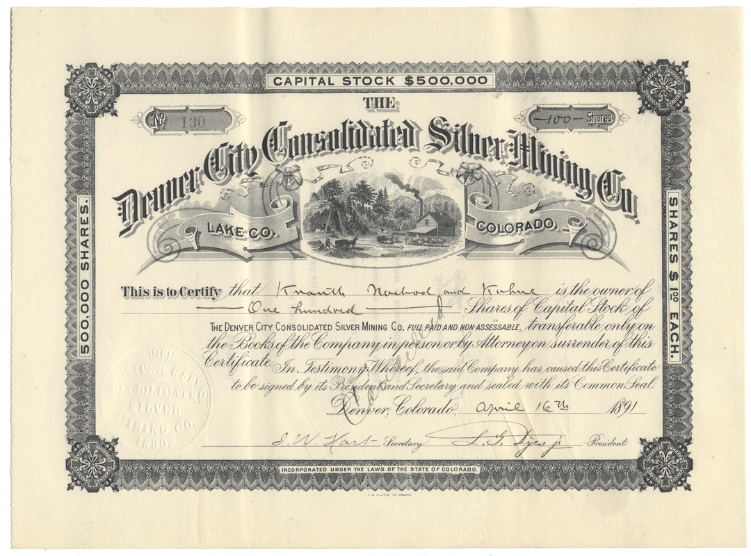 Vintage stock certificate for Denver City Consolidated Silver Mining Co. from 1891